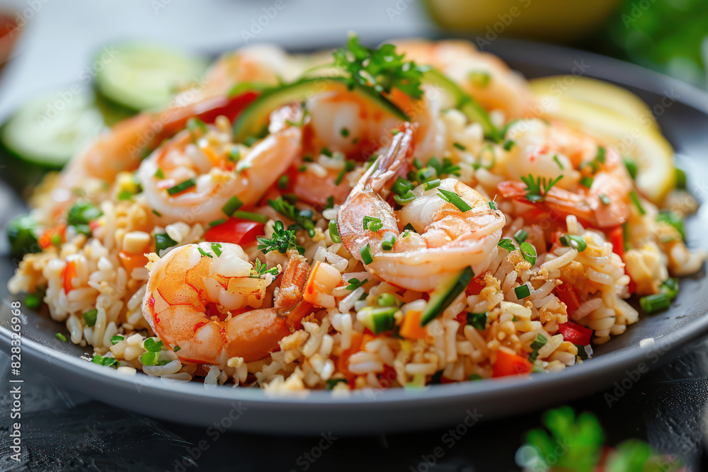 Thai Fried Rice (Khao Pad) with shrimp and vegetables, garnish cucumber, lemon and spring onions. Food and cuisine concept for poster or menu restaurant, Banner website, Ads. Generative AI Thai Fried Rice (Khao Pad) with shrimp and vegetables, garnish cucumber, lemon and spring onions. Food and cuisine concept for poster or menu restaurant, Banner website, Ads. Generative AI