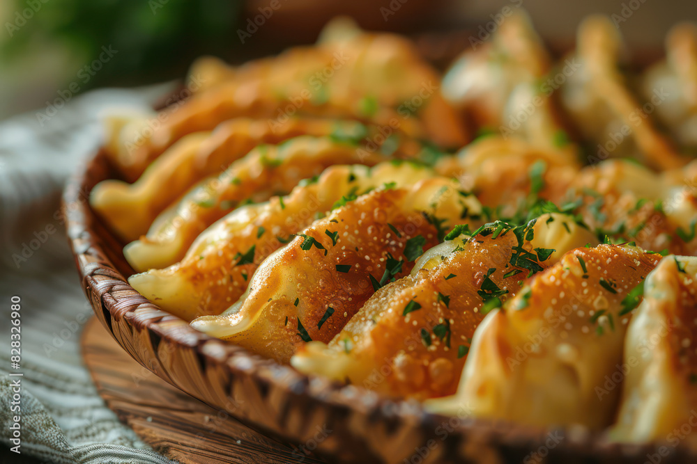 Taiwanese and Japanese Pan-fried gyoza dumpling jiaozi food in a plate with garlic soy sauce famous chinese appetiser for Banner website, Ads. Generative AI Taiwanese and Japanese Pan-fried gyoza dumpling jiaozi food in a plate with garlic soy sauce famous chinese appetiser for Banner website, Ads. Generative AI