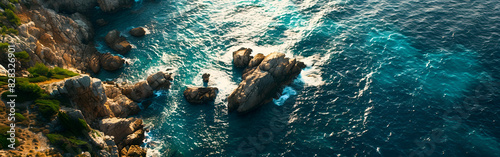 Aerial view of deep blue Mediterranean sea waves crashing against rocky cliffs in background 