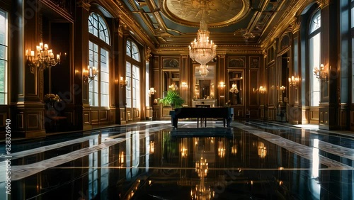 Video animation of opulent interior space, likely a grand hallway or lobby within a luxurious building. The glossy floor reflects the surroundings, creating a sense of depth photo