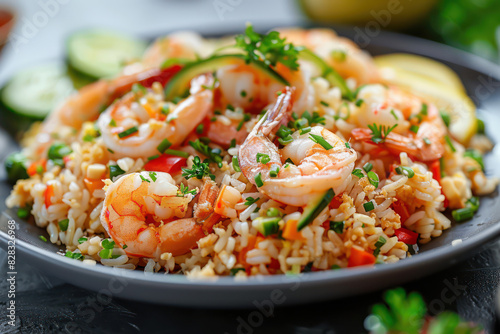 Thai Fried Rice (Khao Pad) with shrimp and vegetables, garnish cucumber, lemon and spring onions. Food and cuisine concept for poster or menu restaurant, Banner website, Ads. Generative AI