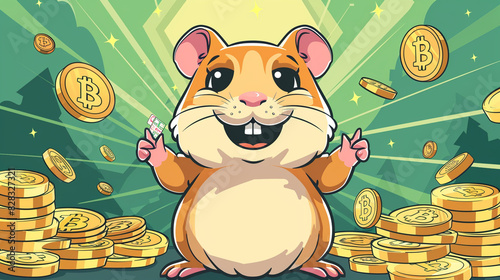  cartoon rich happy hamster holding money in paws on cryptocurrency background