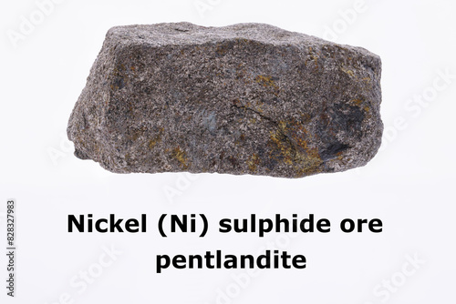 Isolated Nickel (Ni) sulphide (pentlandite) ore, white background, with text. Mined in Australia, South Africa, Canada, Russia. Compete with Ni laterite producers, such as Indonesia and Philippines