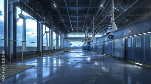 A large  empty industrial building with a blue ceiling and a large window