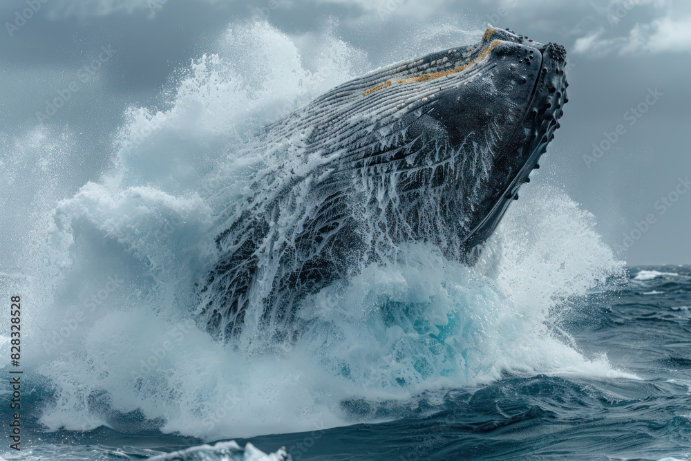 Obraz premium A massive blue whale breaching the ocean surface seawater splashes, a moment of awe-inspiring power and grace. Generative AI