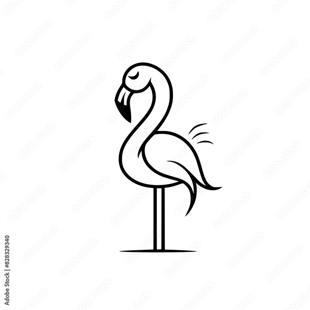 Fototapeta premium Minimalist Cartoon Flamingo Line Drawing,Simple black and white line art drawing of a cute flamingo, perfect for children's books, educational materials, and whimsical designs.