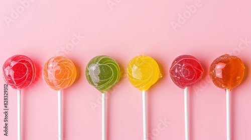 A row of multicolored lollipops on white stick against a little pink background  © robfolio