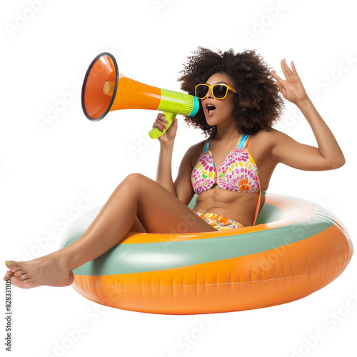Curly haired woman relaxing in swimming pool while holding megaphone, white background