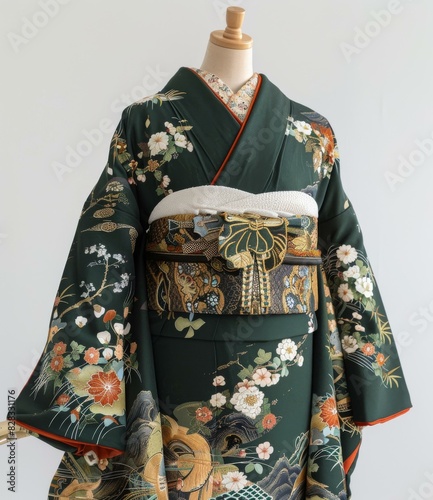 A kimono with a floral pattern and a golden obi.