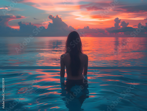 A beautiful Asian woman in a black bikini stands in front of the ocean during a sunset. 