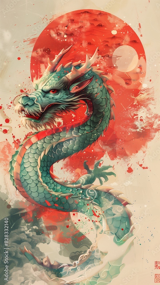 Fototapeta premium Light green Chinese dragon. Oriental traditional Dragon artwork on red sun background. Lunar New Year Celebration