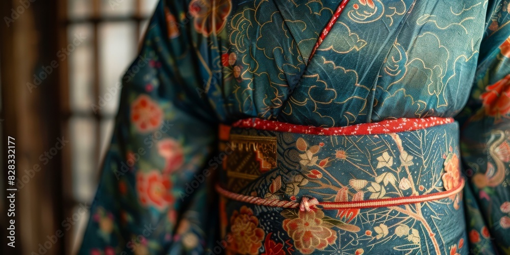 Naklejka premium kimono with traditional pattern and red floral obi