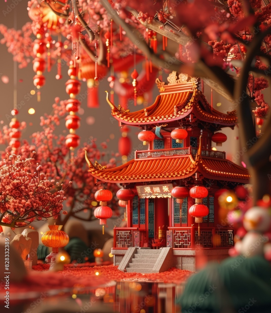 Traditional Chinese Pavilion with Red Lanterns Traditional Chinese Pavilion with Red Lanterns