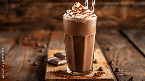 A glass of chocolate milkshake with whipped cream and a sprig of mint, and pieces of dark chocolate are on a wooden table.

 photo