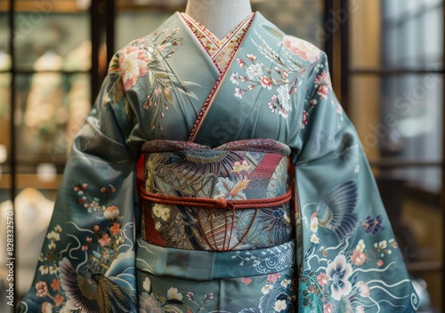 A kimono with a floral pattern and a phoenix obi