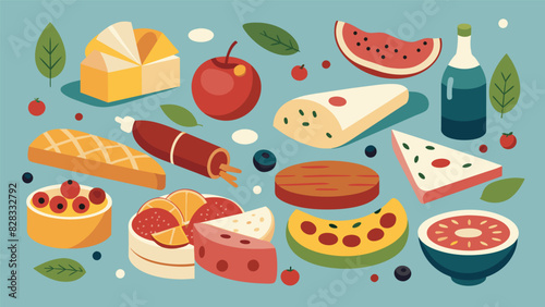 A tantalizing mix of textures and flavors with an assortment of cured meats soft cheeses and bold olives on display.. Vector illustration