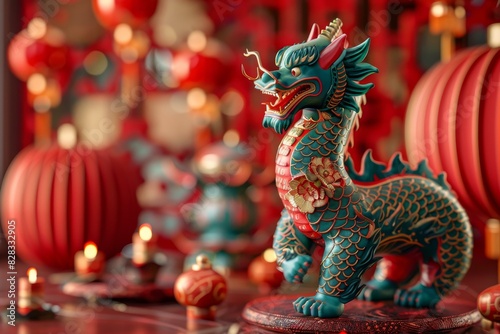 Chinese Dragon Sculpture with Red Lanterns
