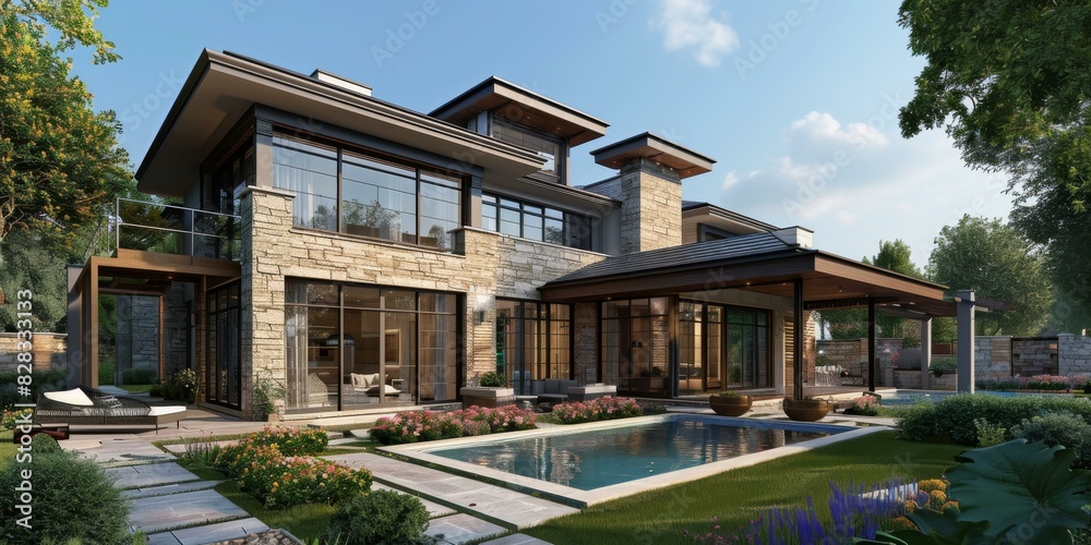 Obraz premium Modern Luxury House with Swimming Pool and Courtyard