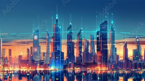 Conceptual illustration of a futuristic city skyline with AI-controlled skyscrapers and transportation systems. 