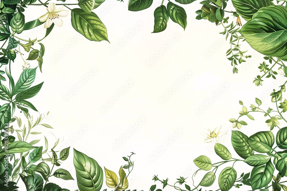 Fototapeta premium A white background with leaves borders graphic design element. Exotic plants leaf set on an isolated white background, watercolor vector illustration. Wedding frame elements collection. 
