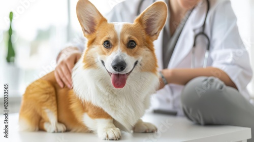 Cute fluffy welsh pembroke corgi dog enjoying cuddle of vet doctor 