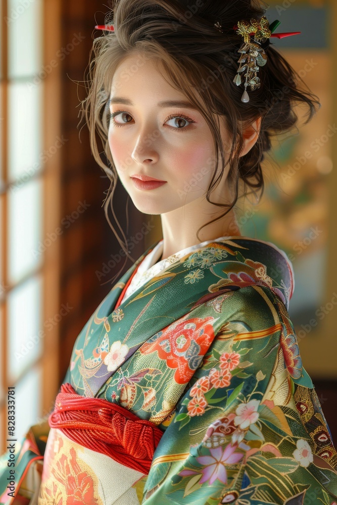 Portrait of a young woman in a kimono
