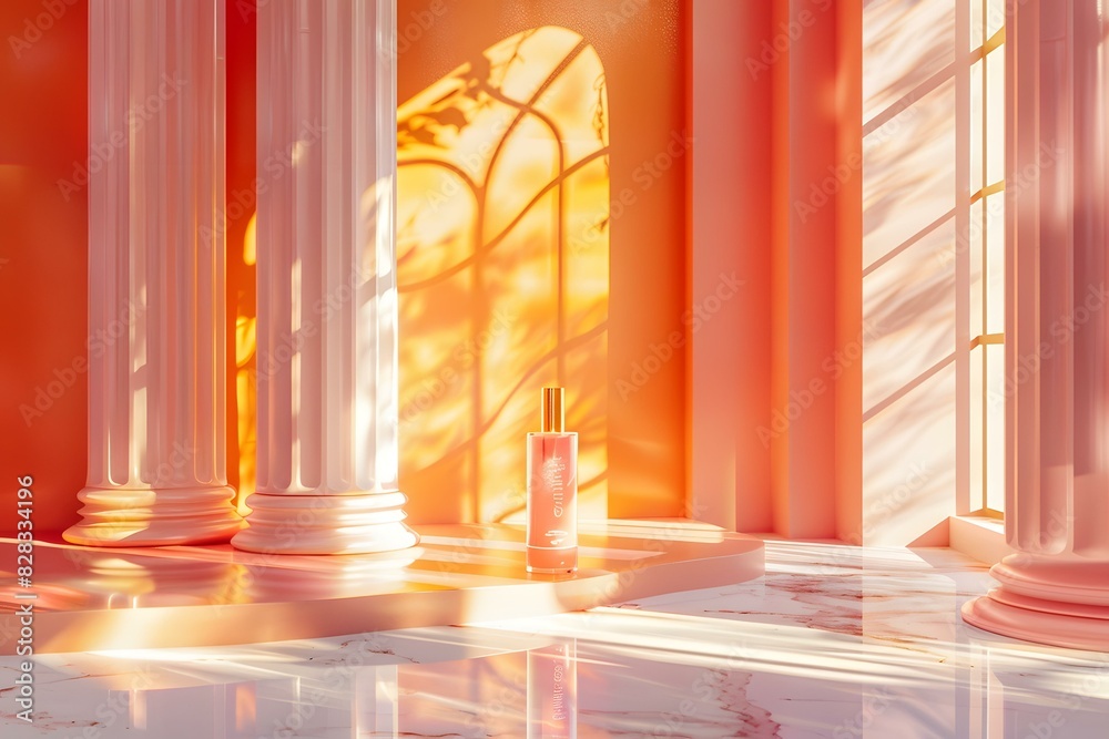 Perfume bottle displayed in sunlight in a colonnade Perfume bottle displayed in sunlight in a colonnade