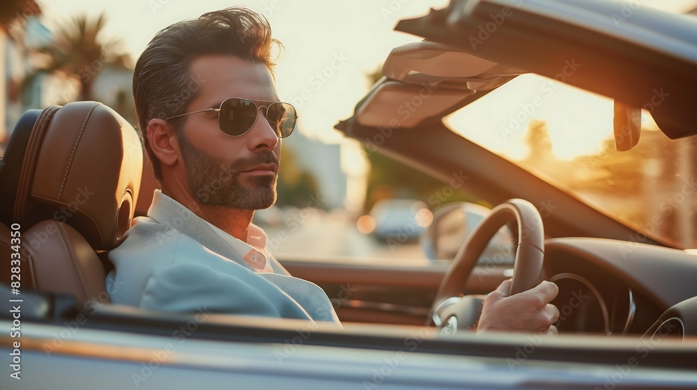 Naklejka premium Sunset Drive: Luxury Lifestyle, Convertible Elegance, Sunglasses Charm
