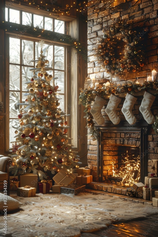 Fototapeta premium Christmas tree by the fireplace