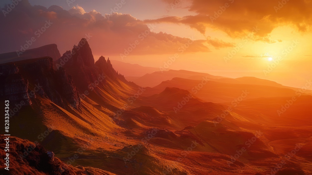 Naklejka premium The mountains with rugged peaks bask in the warm glow of sunset. 
