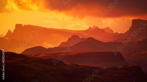 The mountains with rugged peaks bask in the warm glow of sunset. 
