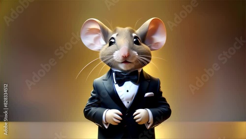 A charming illustration of a rat dressed in a sleek black tuxedo, exuding elegance and sophistication with a blurred background. photo