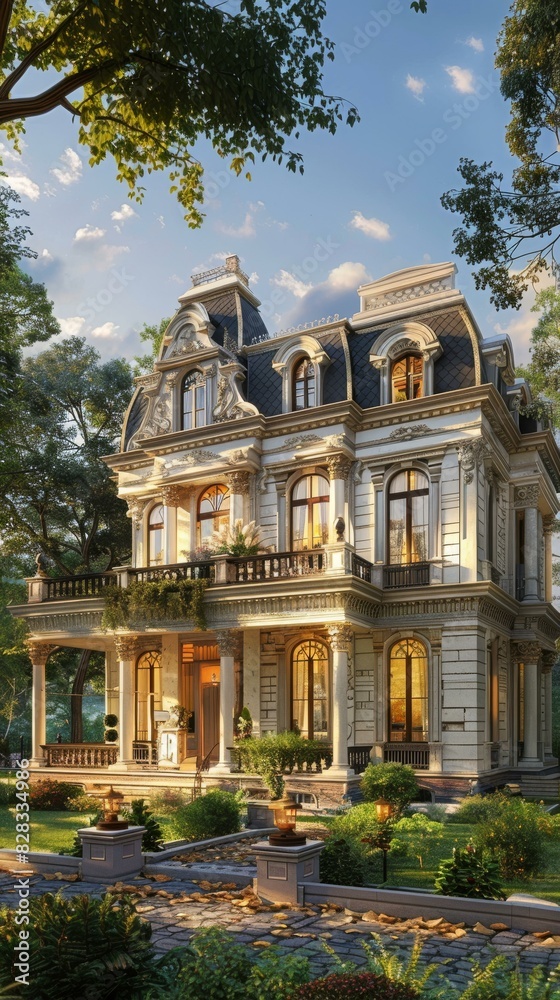 European-style classical mansion with lush garden