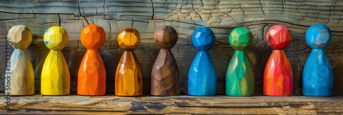 Colorful wooden figurines lined up against a textured wooden background.