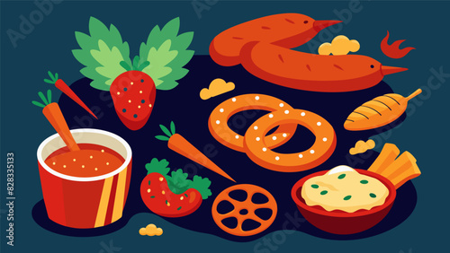 A tantalizing array of hot and y bites including bold buffalo wing pretzels and tangy hot sauce crackers.. Vector illustration