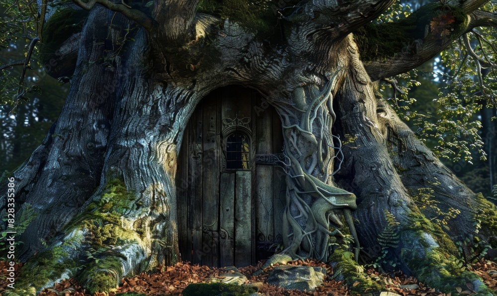 Naklejka premium An ancient tree which has many doors, each of which may lead to a different realm or dimension.