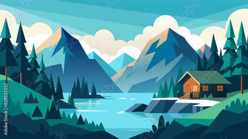 Surrounded by towering mountains and glistening lakes the retreat is a true sanctuary for those seeking a rejuvenating connection with nature.. Vector illustration