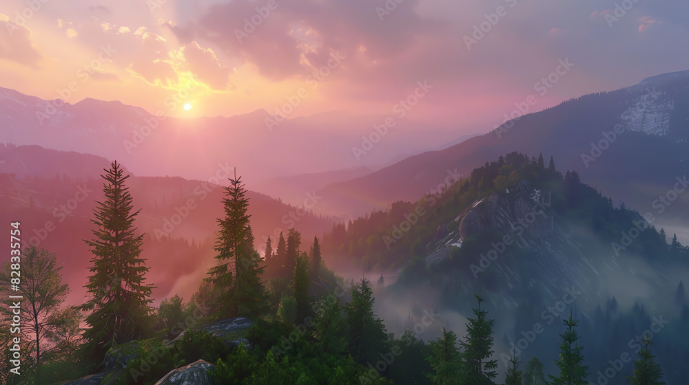 A mountain landscape at sunset. The sky has a gradient of purple, pink, orange, and yellow. The mountains are dark and covered with trees. There are some flowers in the foreground.

