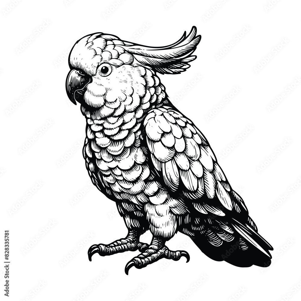 cockatoo bird animal  illustration. black and white hand drawn cockatoo vector illustration isolated white background