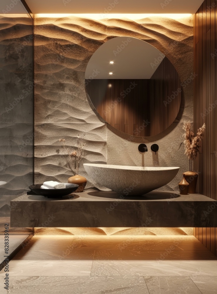 Modern Bathroom Design with Stone and Wood Accents