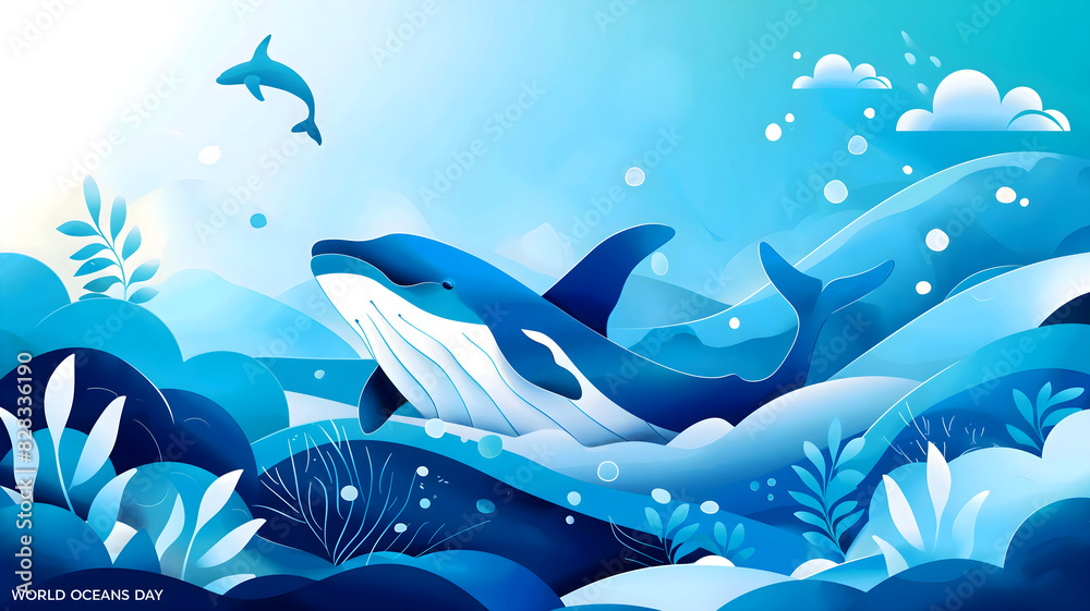Obraz premium World oceans day illustration background, sea world animals and wildlife template