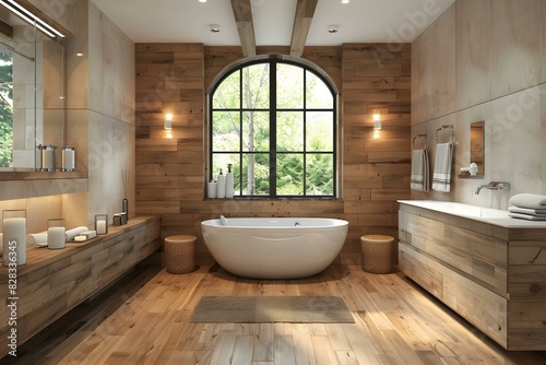 Wooden bathroom interior with large bathtub