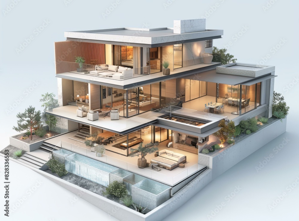 Modern Luxury House 3D Render with Pool and Gardens Modern Luxury House 3D Render with Pool and Gardens