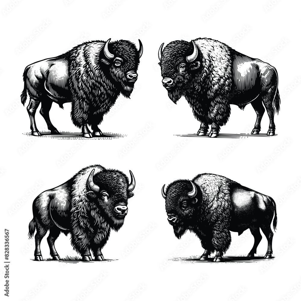 set of bison illustration. black and white hand drawn bison vector ...