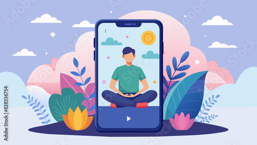 A modern flat design of a smartphone with a mindfulness app open and a serene background.