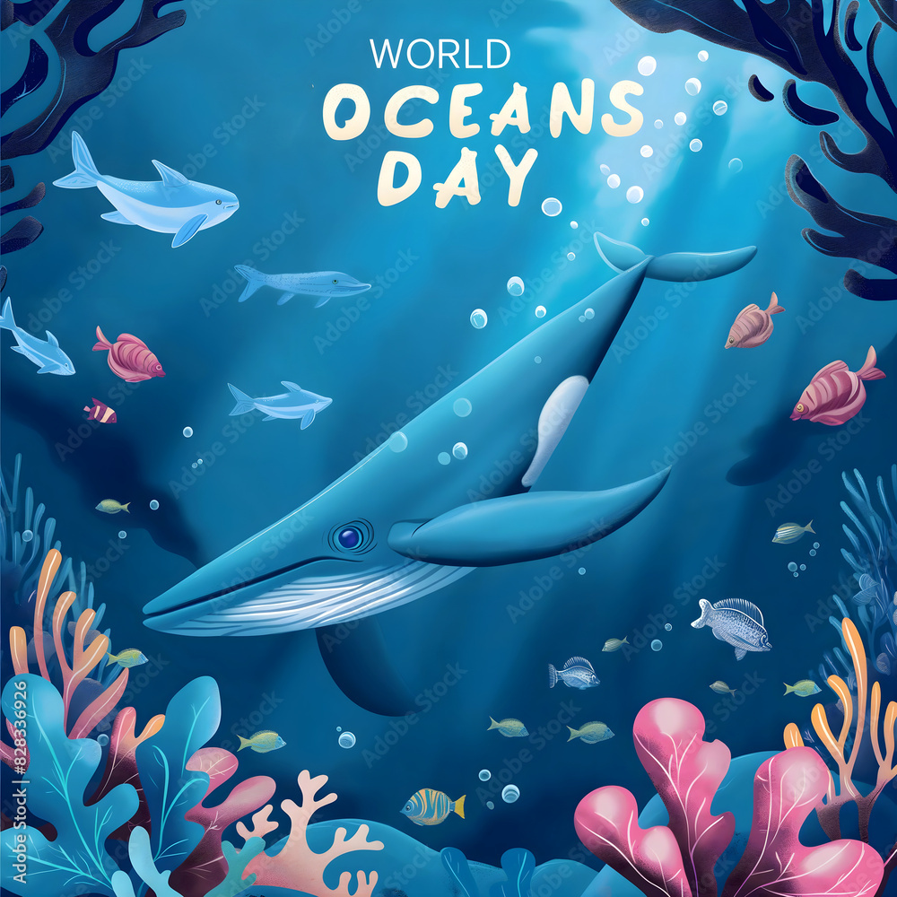 World oceans day illustration background, sea world animals and wildlife template