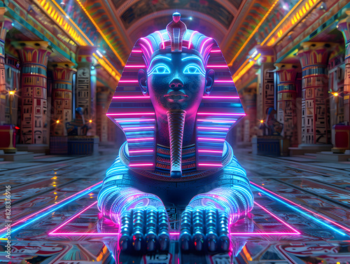 A Sphinx statue is adorned with neon lights  creating a vibrant contrast against the dark background