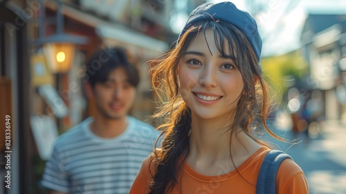 A young Asian couple smiles at the camera, dressed casually and carrying backpacks as they explore the city together.