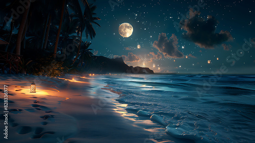 Moonlit Beach with Lantern Glow