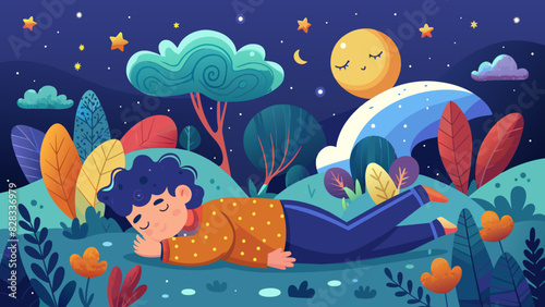 A whimsical vector of a person napping peacefully under a starry night sky.
